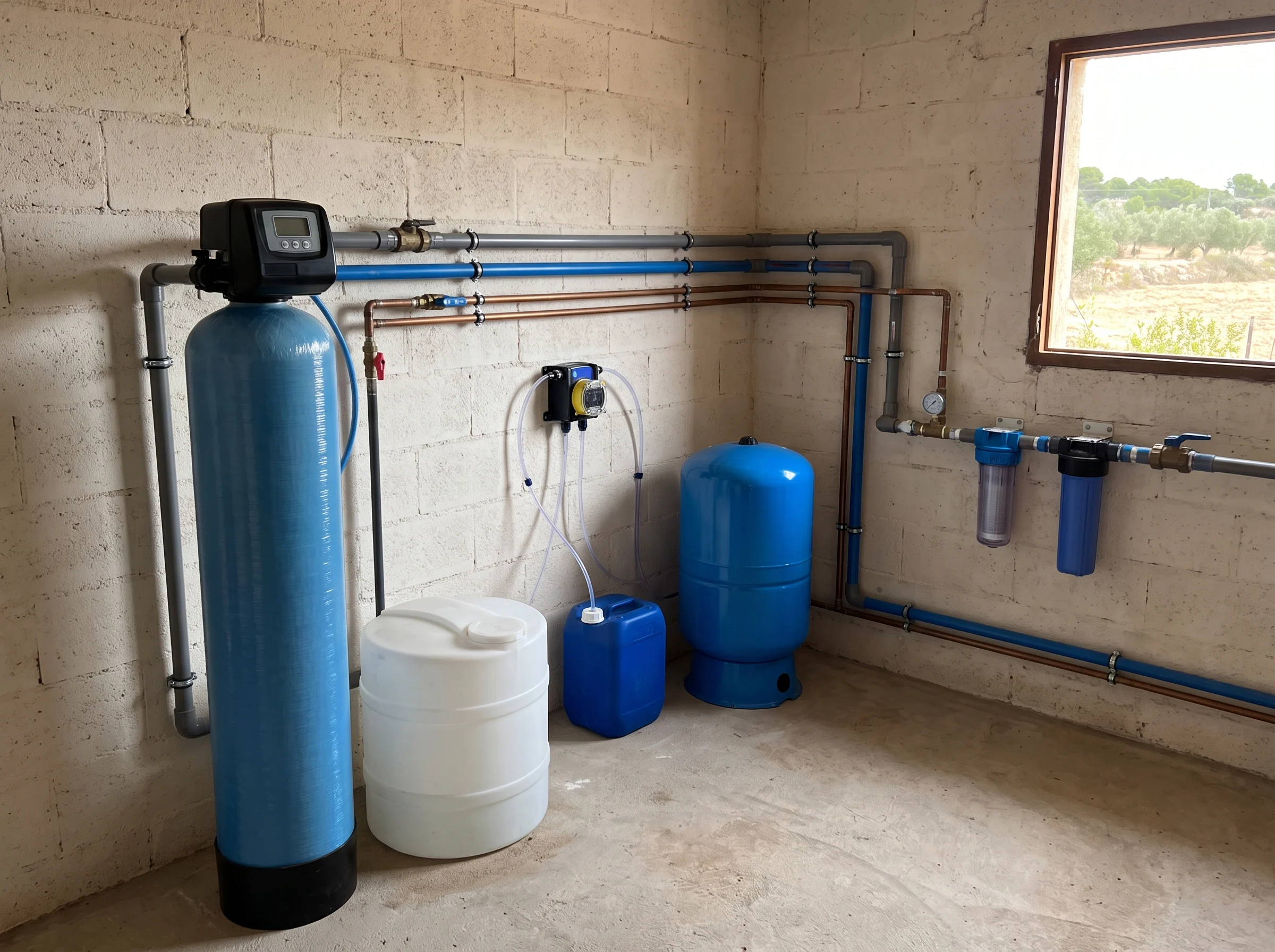 Sala técnica de una casa de campo con agua de pozo: desnitrificador, depósito de sal, bomba dosificadora de cloro y depósito de presión
