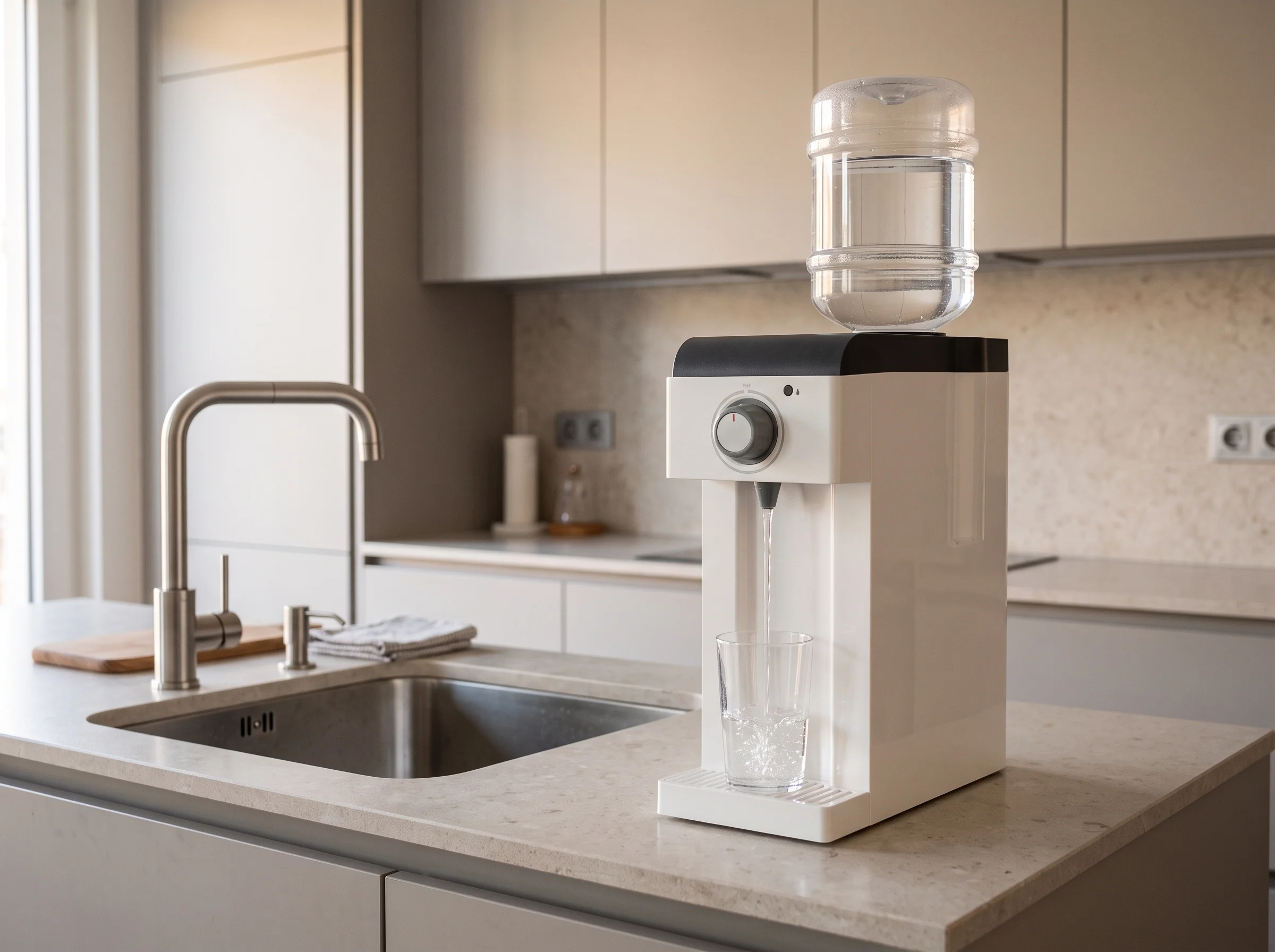 Hidrogenador de agua Hydron sobre la encimera de una cocina, sirviendo agua hidrogenada en un vaso
